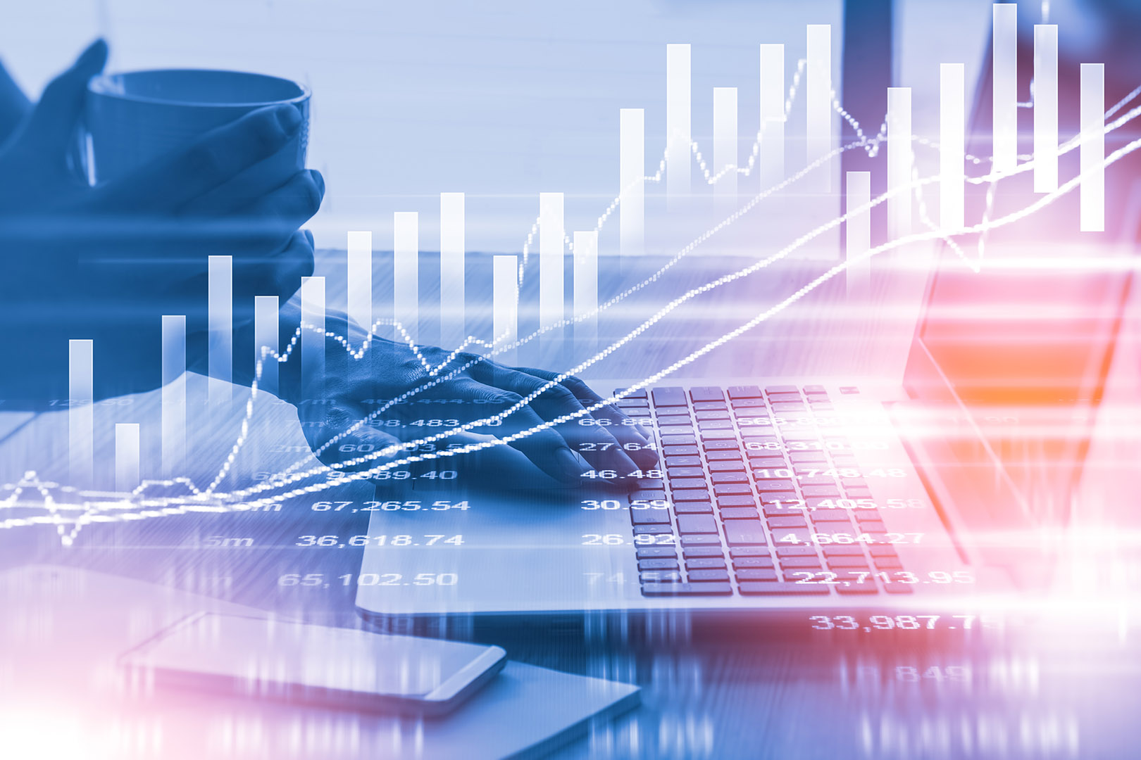 Stock market indicator and financial data view from LED. Double exposure  financial graph and stock indicator including stock education or marketing analysis. Abstract financial indicator background.